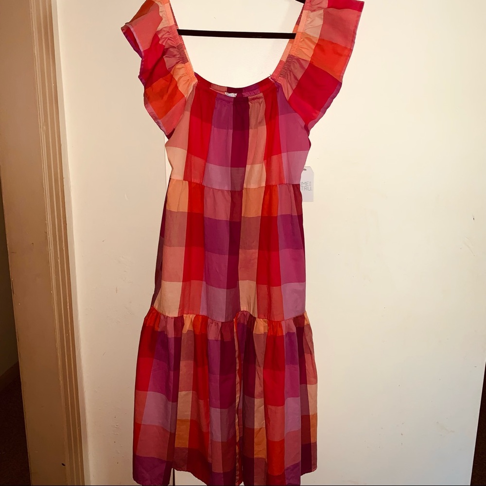Time and Tru Dress Tiered Square Neck Ruffle Sleeve Pockets Size M NWT